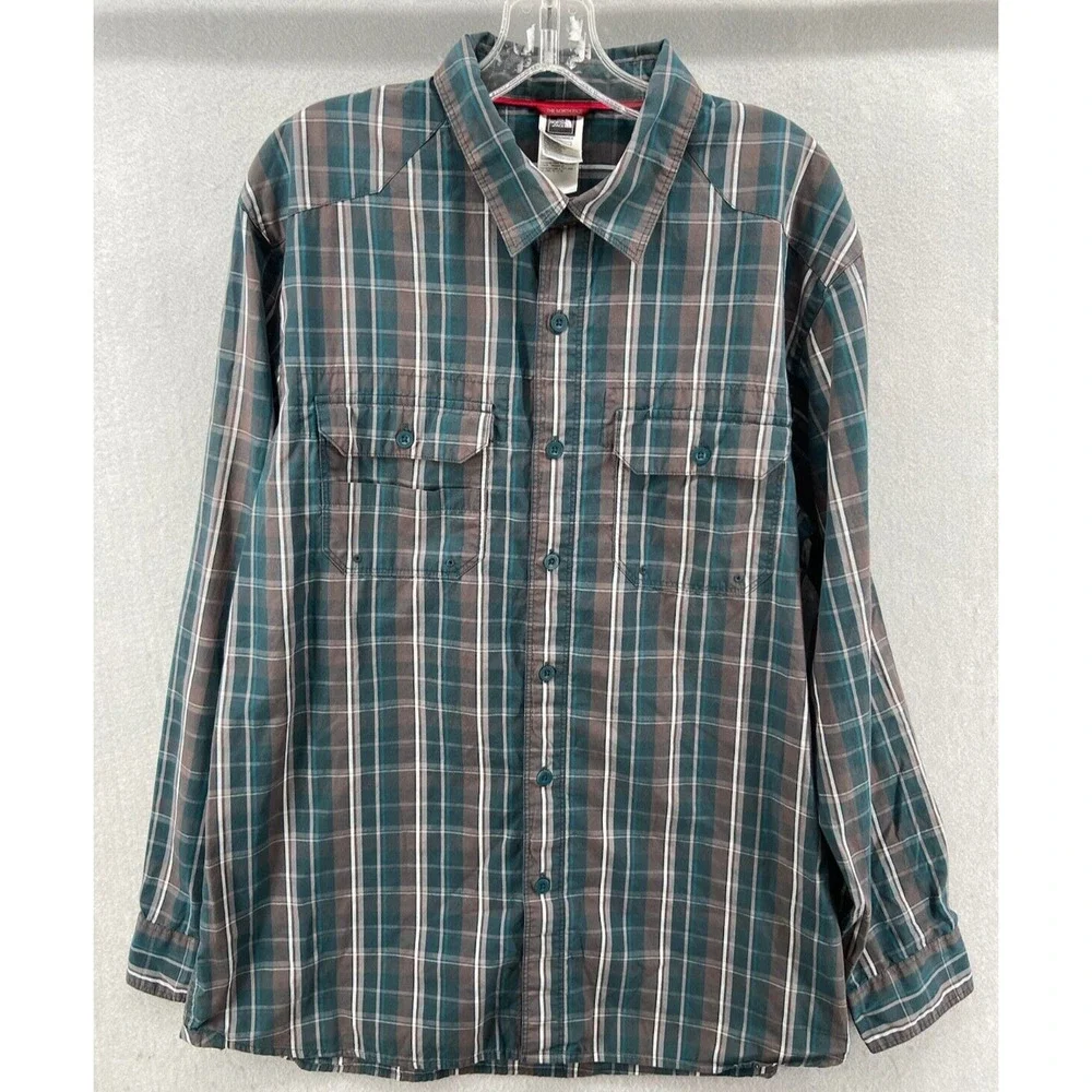 North Face Shirt Mens Sz L Green Gray‎ Plaid Button Up Cotton Collared Pockets